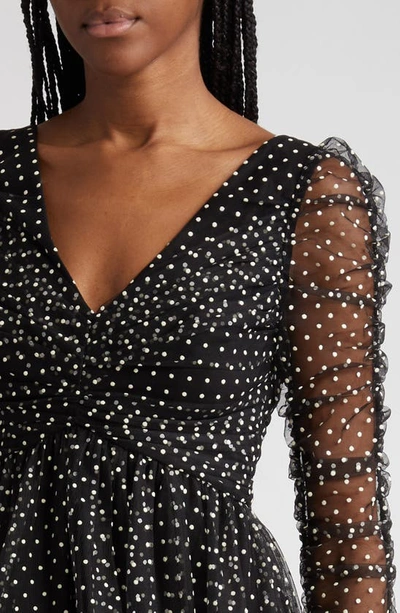 Shop Zimmermann Dot Ruched Tulle Dress In Black/ Cream Dot
