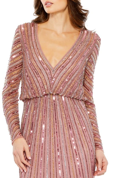 Shop Mac Duggal Sequin Stripe Long Sleeve V-neck Mesh Gown In Rosewood