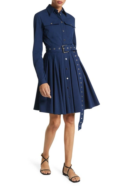 Shop Michael Kors Collection Organic Cotton Stretch Poplin Belted Cargo Shirtdress In Navy