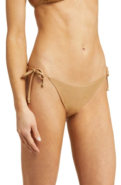 Vitamin A Elle Metallic Side Tie Bikini Bottoms In Golden Glow Metallic