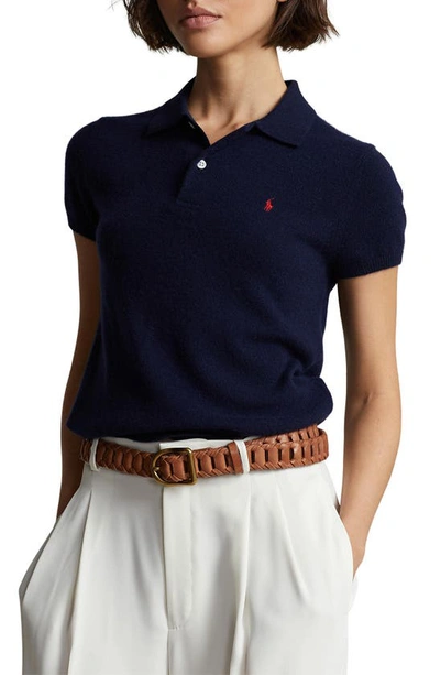 Shop Ralph Lauren Short Sleeve Cashmere Polo Sweater In Hunter Navy