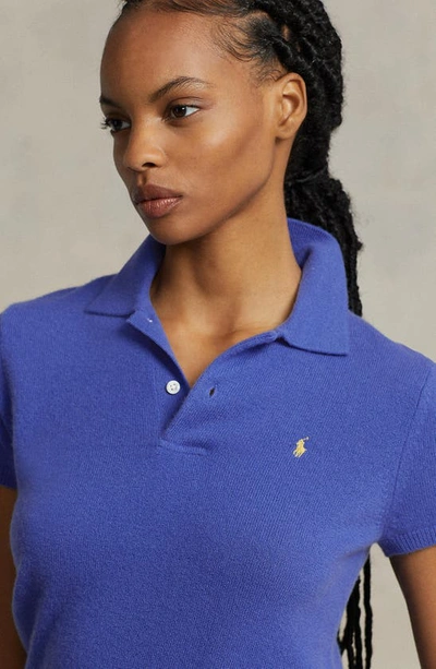 Shop Ralph Lauren Short Sleeve Cashmere Polo Sweater In Maidstone Blue