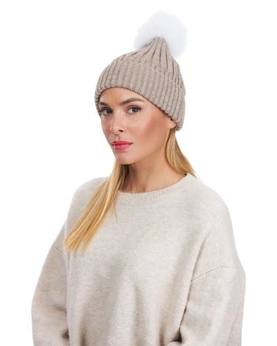 Shop Gorski Metallic Wool Blend Hat With Fox Pompom In Beige