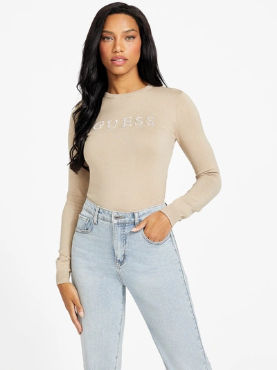 Shop Guess Factory Lilly Crewneck Logo Sweater In Beige