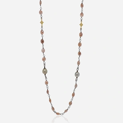 Shop Armenta Old World 18k Yellow Gold, Champagne Diamond 0.19ct. Tw. And Peach Mystic Moonstone Station Necklace In Silver