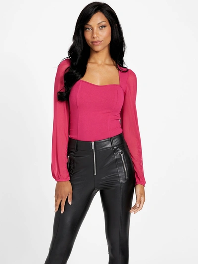 Shop Guess Factory Eco Riley Mesh Long-sleeve Bodysuit In Pink