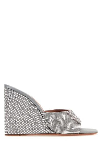 Shop Amina Muaddi Woman Grey Satin Lupita Mules In Gray