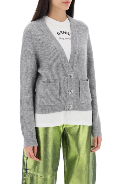 Shop Ganni Cardigan With Diamanté  Butterfly Buttons In Grey