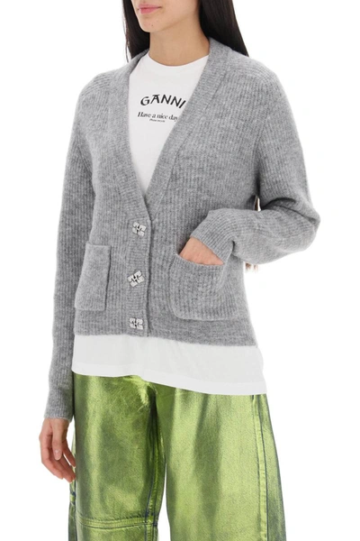 Shop Ganni Cardigan With Diamanté  Butterfly Buttons In Grey