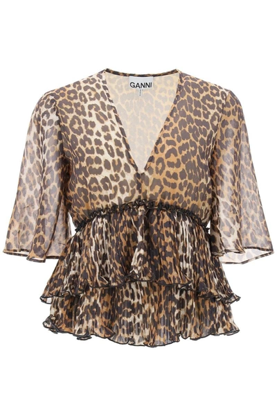 Shop Ganni Pleated Blouse With Leopard Motif In Multicolor