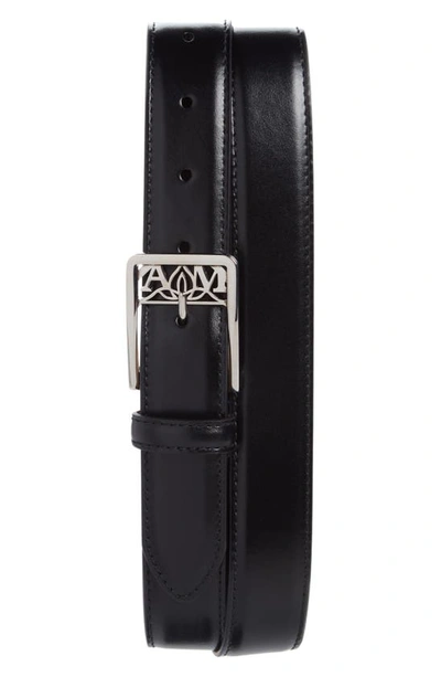 Shop Alexander Mcqueen Seal Buckle Leather Belt In Black