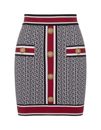 Shop Balmain Black, White And Monogram Short Skirt In Red