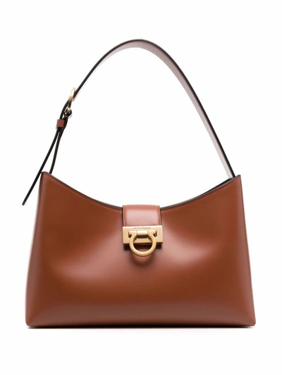 Shop Ferragamo Trifolio Leather Shoulder Bag In Leather Brown