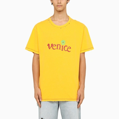 Shop Erl Yellow Crew-neck T-shirt With Wears