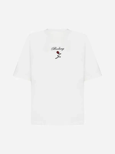 Shop Burberry Logo And Rose Cotton T-shirt In Ivory