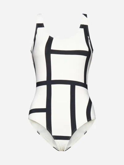 Shop Totême Monogram Print Swimsuit In White,black