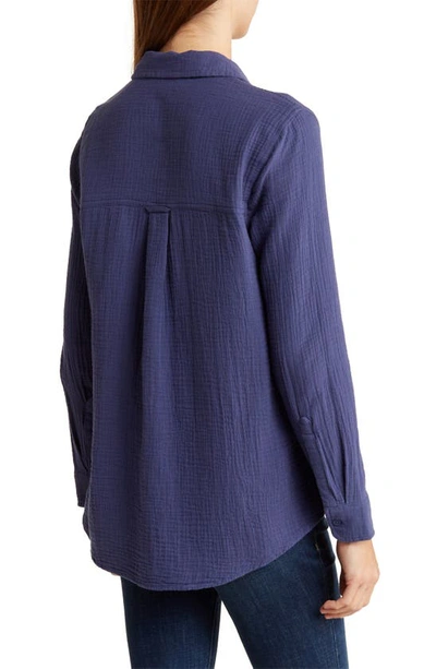 Shop Beachlunchlounge Alessia Long Sleeve Cotton Button-up Shirt In Navy Time