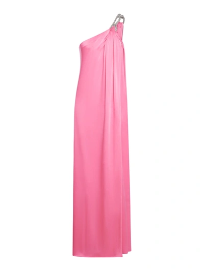 Shop Stella Mccartney Double Satin One-shoulder Dress With Falabella Crystal Chain In Pink & Purple