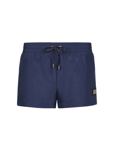 Shop Dolce & Gabbana Short Swimming Boxer With Logo Plate In Blue