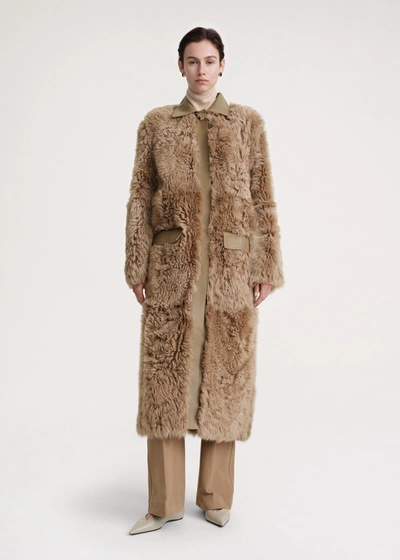 Totême Curly Shearling Lamb Long Coat In Biscuit