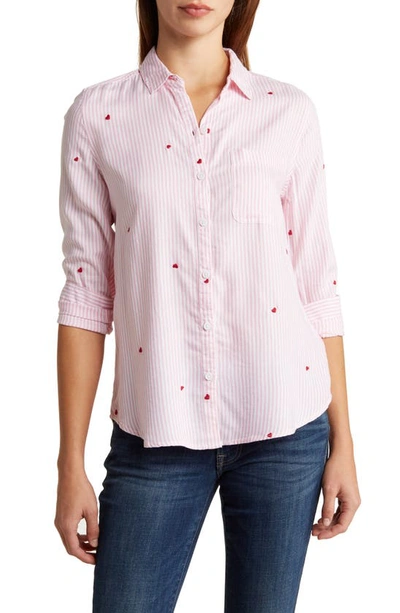 Shop Beachlunchlounge Kaylee Heart Stripe Long Sleeve Button-up Shirt In Dreamy Pink Hearts