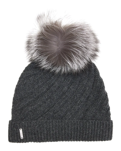 Shop Gorski Cashmere Diagonal Hat With Fox Pompom In Black