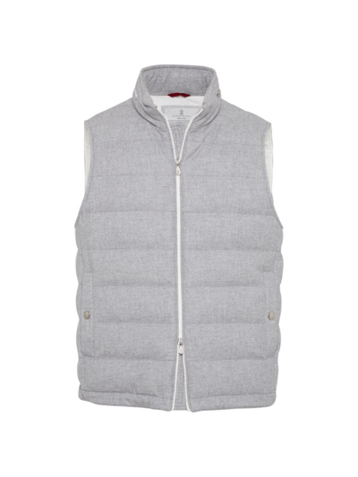 Shop Brunello Cucinelli Men's Wool, Silk And Cashmere Bonded Diagonal Down Vest With Packable Hood In Fog
