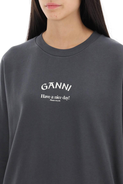 Shop Ganni Oversized Sweatshirt With Logo Print In Grey