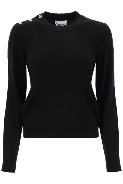 Shop Ganni Sweater With  Butterfly Buttons In Black