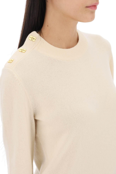 Shop Ganni Sweater With  Butterfly Buttons In Beige