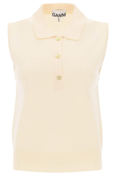 Shop Ganni Sleeveless Polo Shirt In Wool And Cashmere In Beige