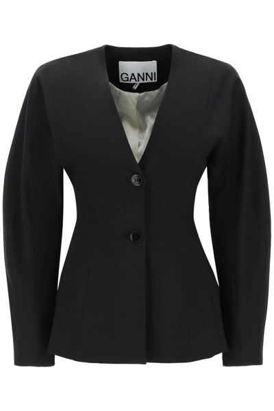 Ganni Black Fitted Drapey Melange Blazer In Black