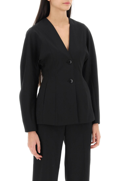 Ganni Black Fitted Drapey Melange Blazer In Black