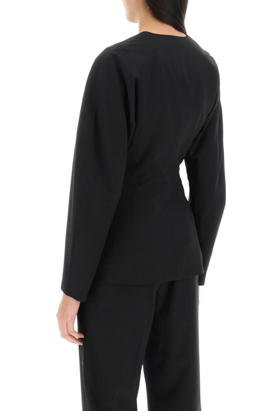 Ganni Black Fitted Drapey Melange Blazer In Black