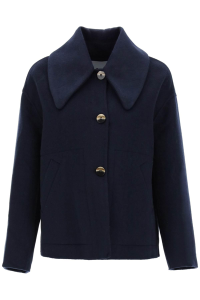 Shop Ganni Peacoat With Maxi Collar In Blue