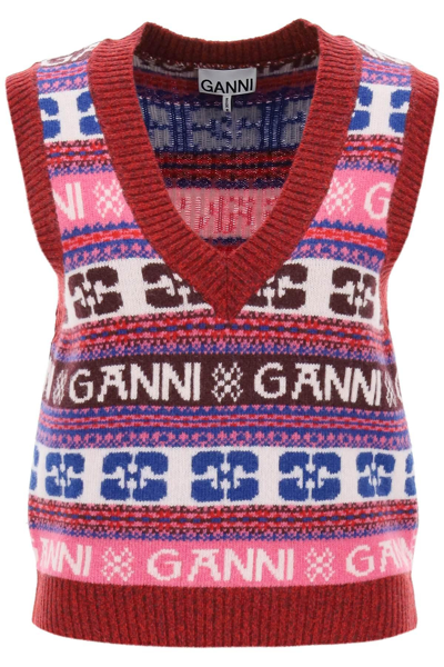 Shop Ganni Jacquard Wool Vest With Logo Pattern In Multicolor