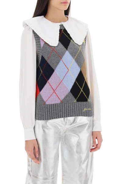 Shop Ganni Wool Vest With Argyle Pattern In Multicolor