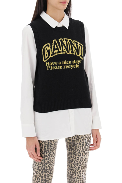 Shop Ganni Jacquard Logo Vest In Black,yellow