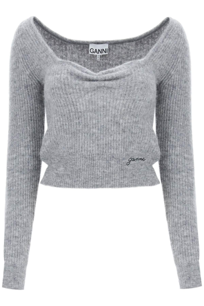 Shop Ganni Sweater With Sweetheart Neckline In Grey