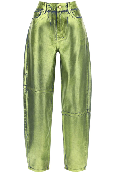 Shop Ganni Curved Leg Jeans In Foil Denim In Metallic,green
