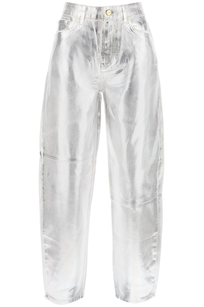 Shop Ganni Curved Leg Jeans In Foil Denim In Metallic,white,silver