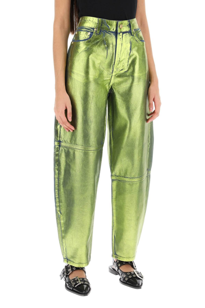 Shop Ganni Curved Leg Jeans In Foil Denim In Metallic,green