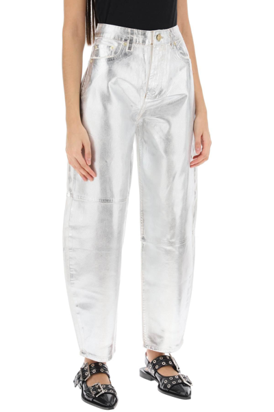 Shop Ganni Curved Leg Jeans In Foil Denim In Metallic,white,silver