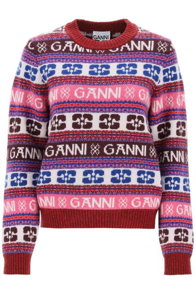 Shop Ganni Jacquard Wool Sweater With Logo Pattern In Multicolor