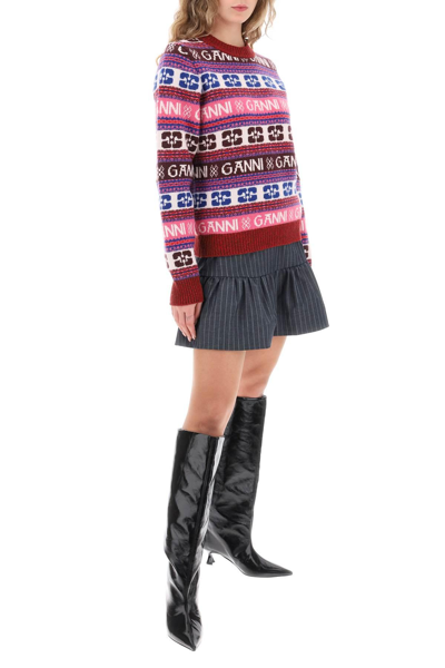 Shop Ganni Jacquard Wool Sweater With Logo Pattern In Multicolor