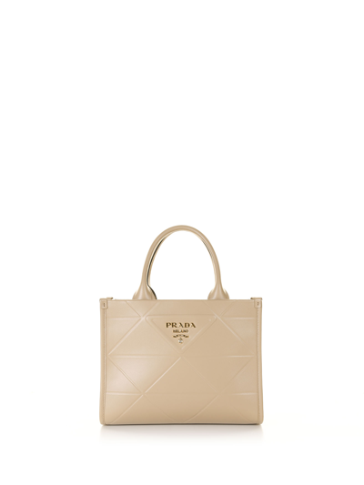 Shop Prada Symbole Mini Leather Bag With Stitching In Sabbia 1