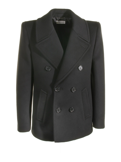 Shop Saint Laurent Double-breasted Wool Coat In Noir Profond