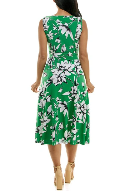 Nina Leonard Crewneck Sleeveless Midi Dress In True Green/ Ivory