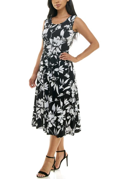 Nina Leonard Crewneck Sleeveless Midi Dress In Black/ Ivory Combo