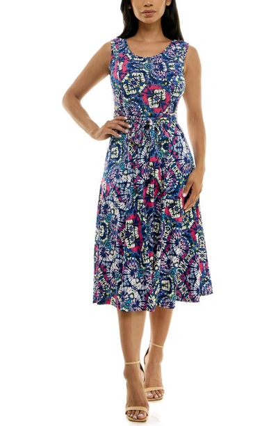 Shop Nina Leonard Crewneck Sleeveless Midi Dress In Navy Pink Multi